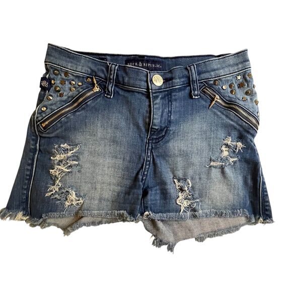 Rock & Republic Jean Shorts Women 4 Blue Mid Rise Distressed Stretch  (Sz4 W28) - Picture 10 of 16